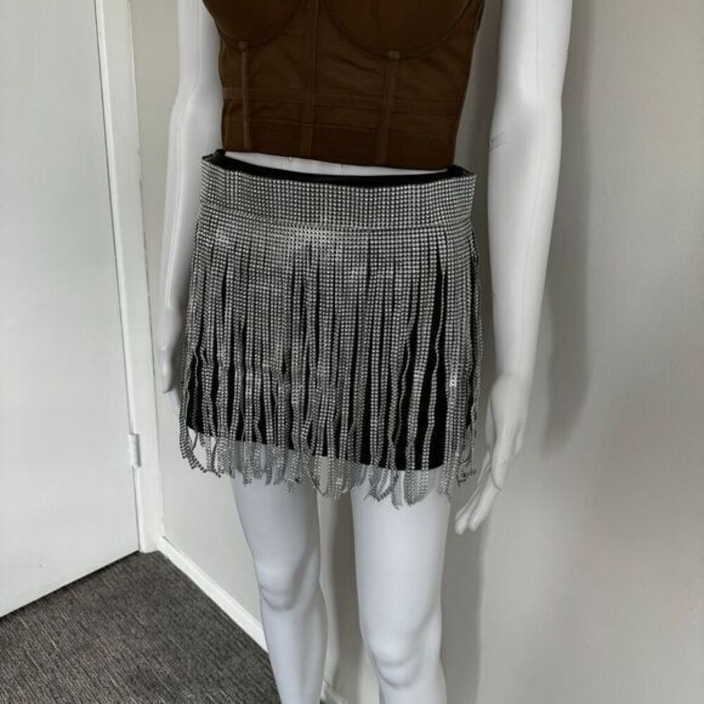 Micas Glamorous Silver Rhinestone Fringe Mini Belt‎ Skirt Party Clubwear Dance - Picture 9 of 10